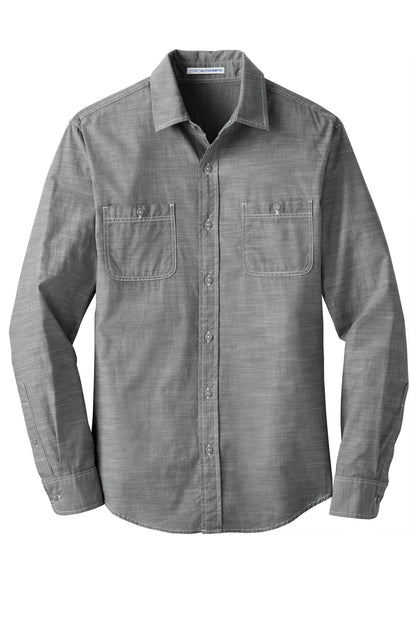 Front View of Grey Port Authority Slub Chambray Shirt. W380