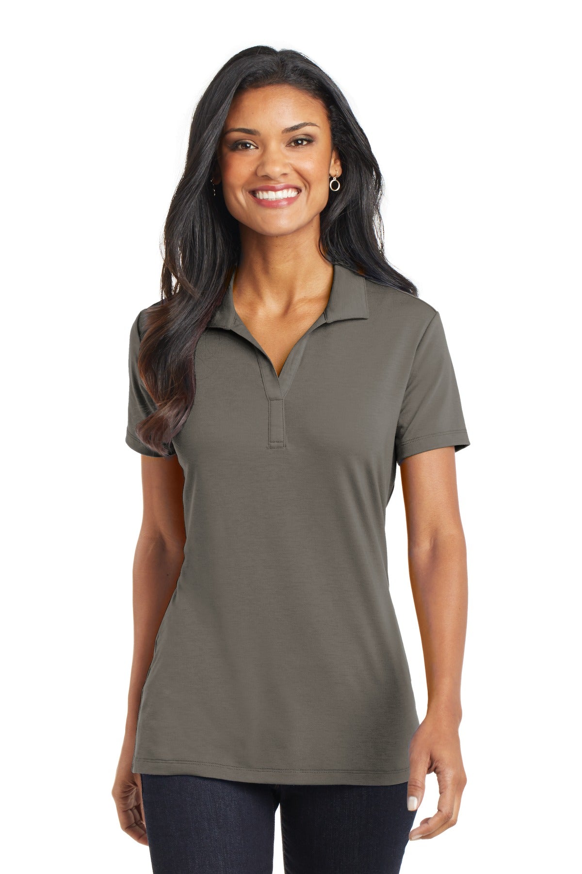 Front View of Grey Smoke Port Authority Women's Cotton Touch Performance Polo. L568