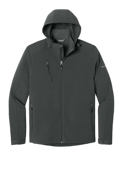 Front View of Grey Steel Eddie Bauer Hooded Soft Shell Parka. EB536