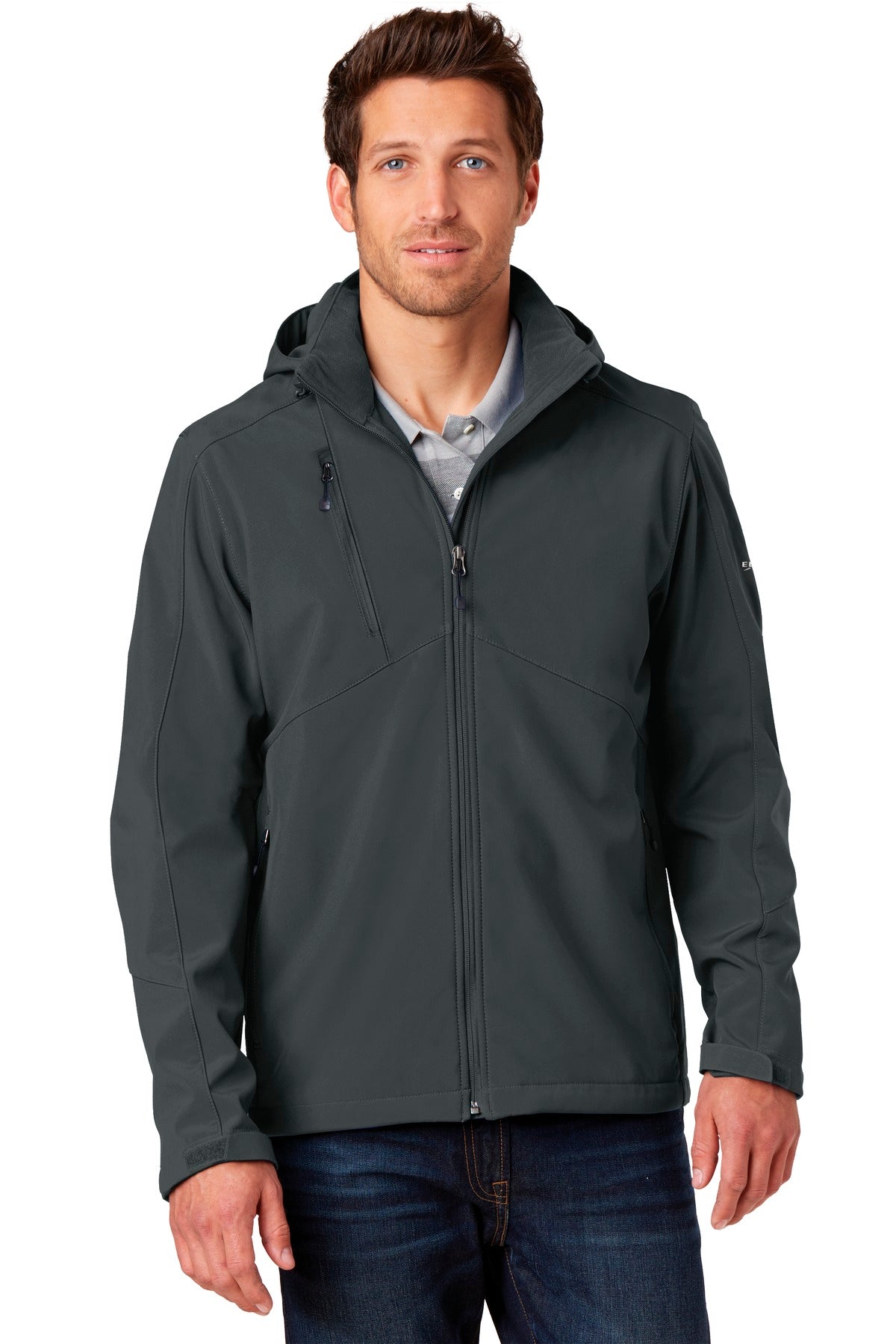 Front View of Grey Steel Eddie Bauer Hooded Soft Shell Parka. EB536