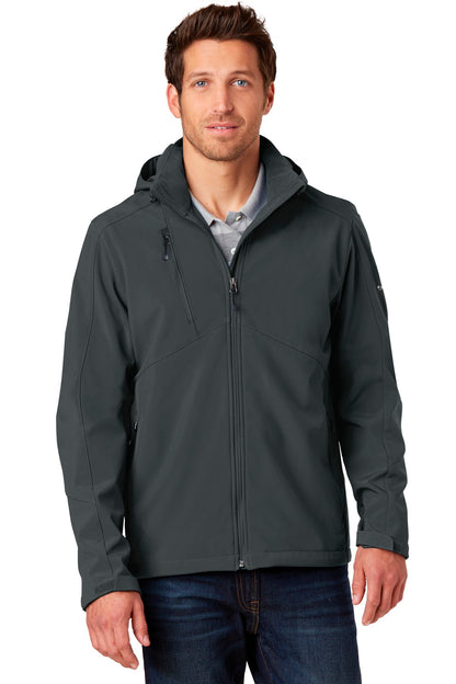 Front View of Grey Steel Eddie Bauer Hooded Soft Shell Parka. EB536