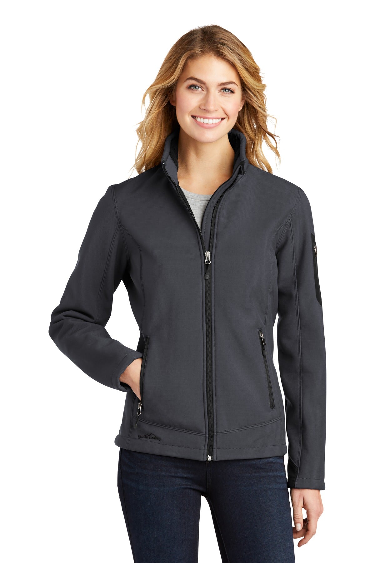 Front View of Grey Steel Eddie Bauer Women's Rugged Ripstop Soft Shell Jacket. EB535