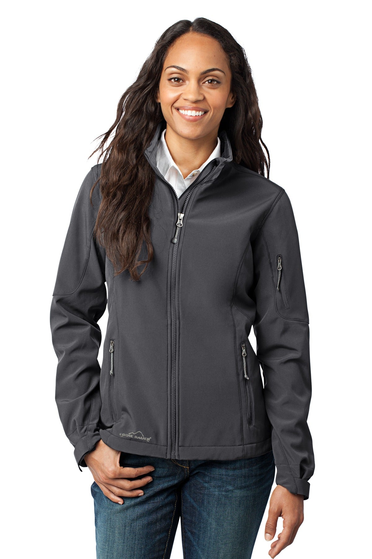 Front View of Grey Steel Eddie Bauer Women's Soft Shell Jacket. EB531