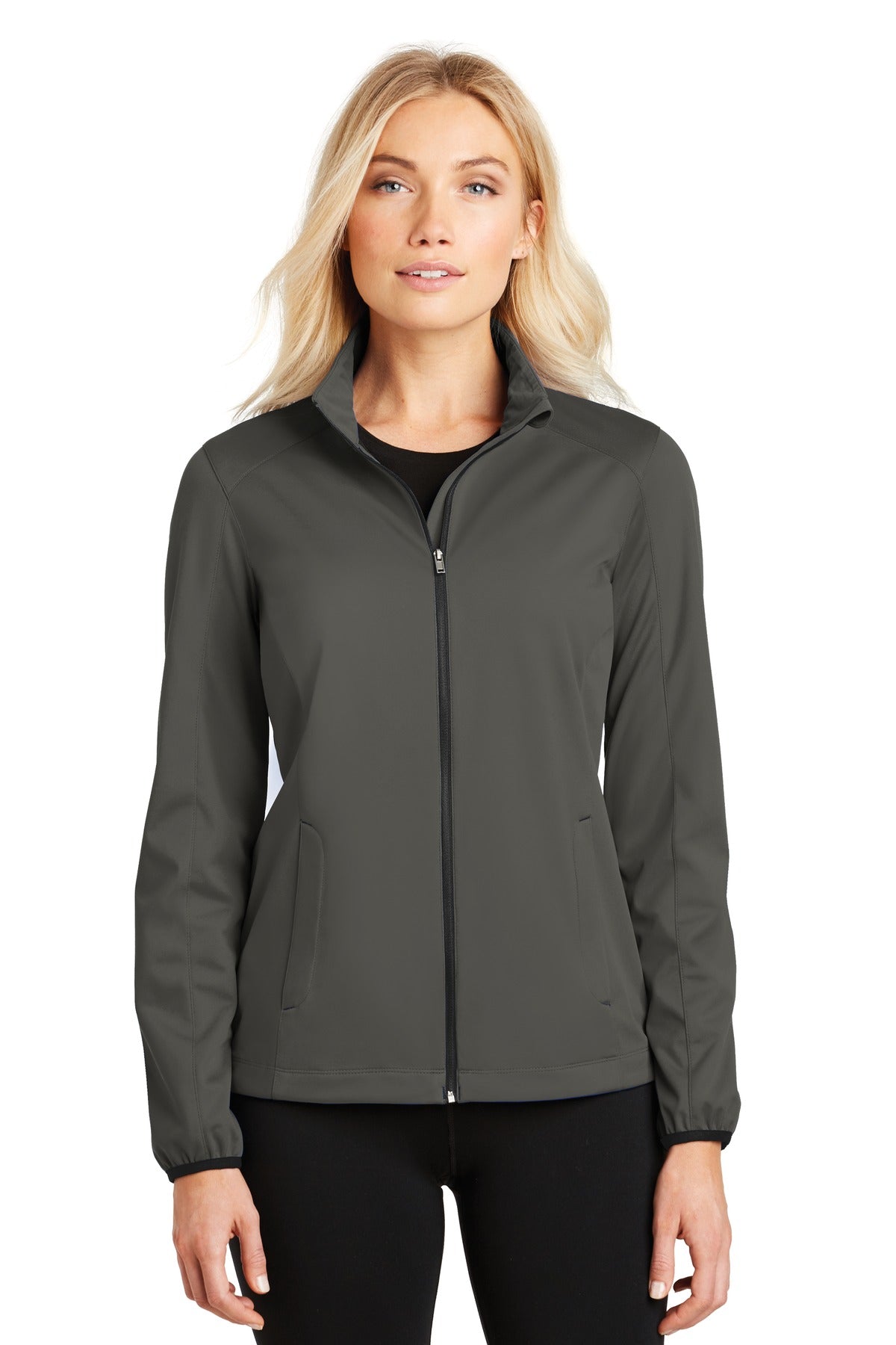 Front View of Grey Steel Port Authority Women's Active Soft Shell Jacket. L717