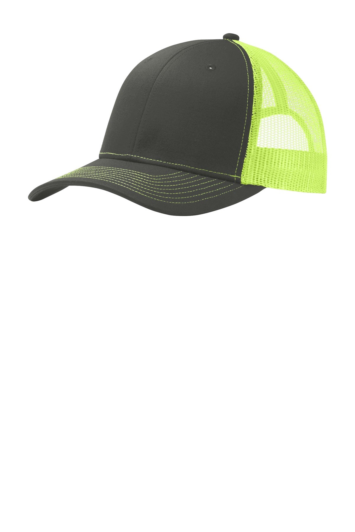 Front View of Grey Steel/NYl Port Authority Snapback Trucker Cap. C112