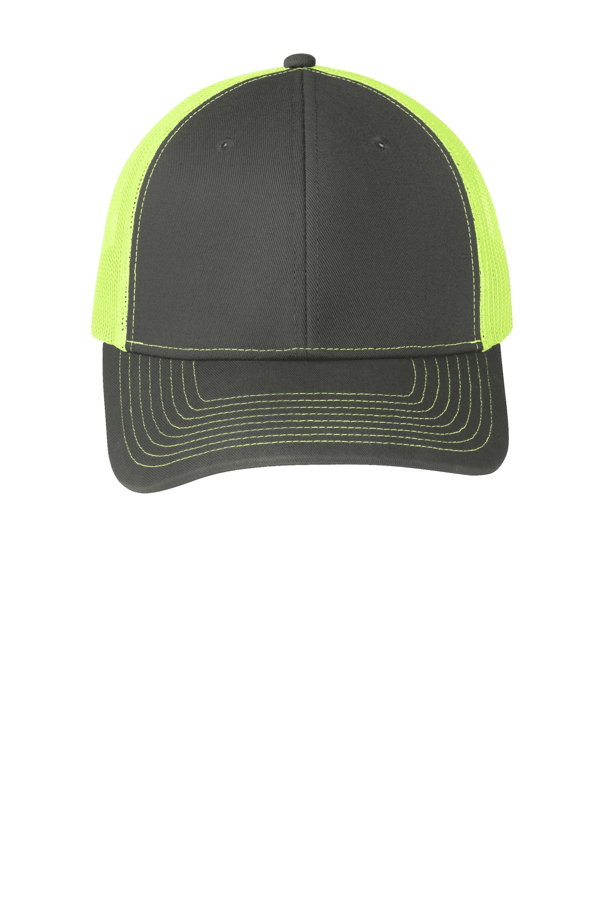 Front View of Grey Steel/NYl Port Authority Snapback Trucker Cap. C112
