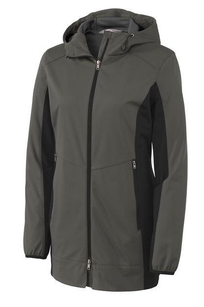 Front View of Grey Stl/Dp Bk Port Authority Women's Active Hooded Soft Shell Jacket. L719