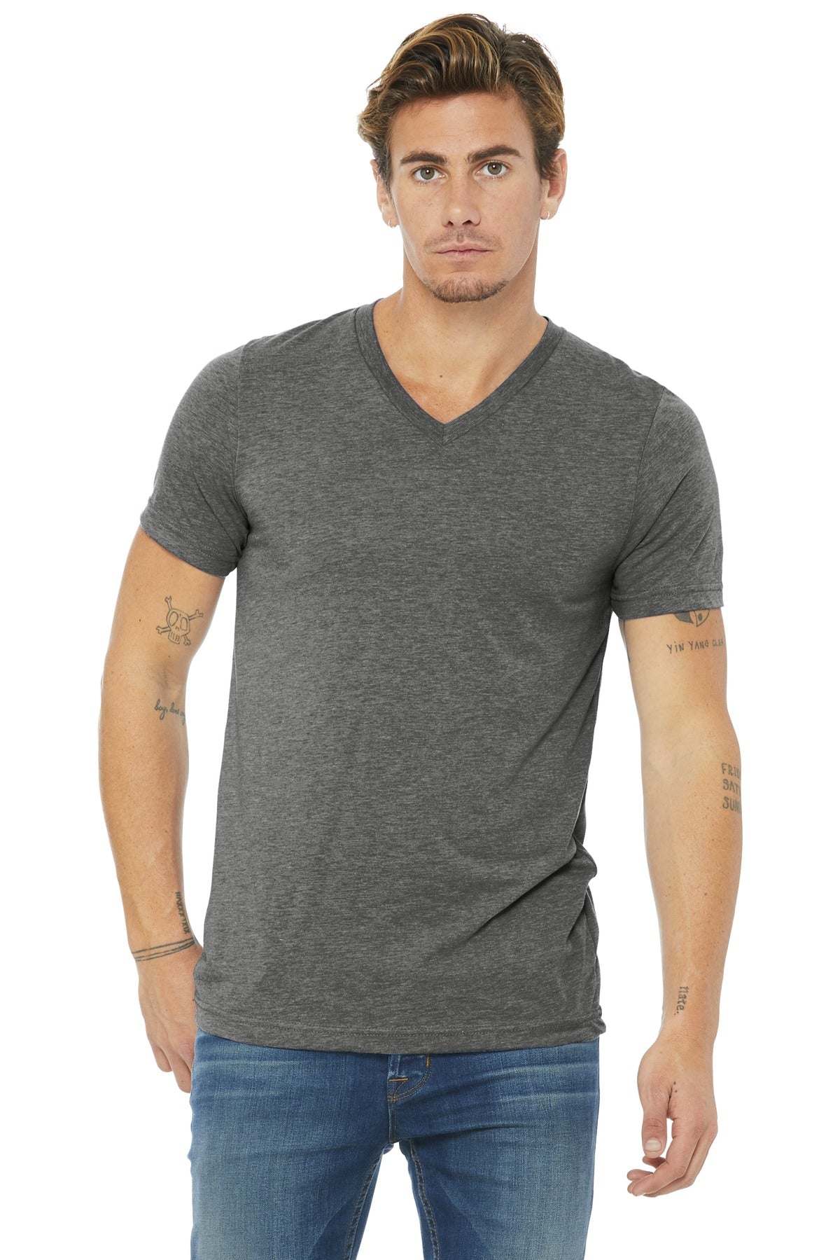 Front View of Grey TB BELLA+CANVAS Unisex Triblend Short Sleeve V-Neck Te. BC3415