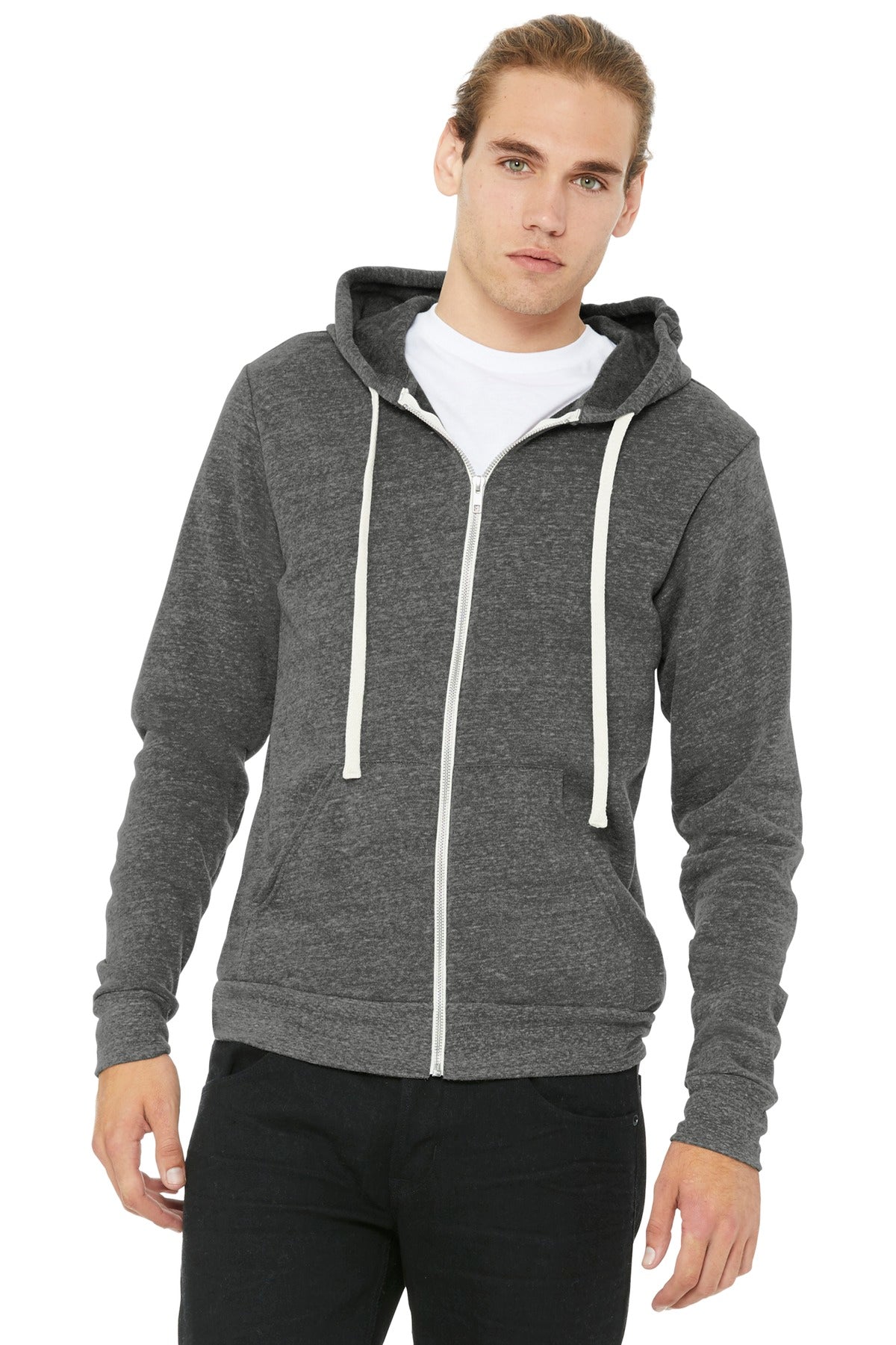 Front View of Grey TB BELLA+CANVAS Unisex Triblend Sponge Fleece Full-Zip Hoodie. BC3909