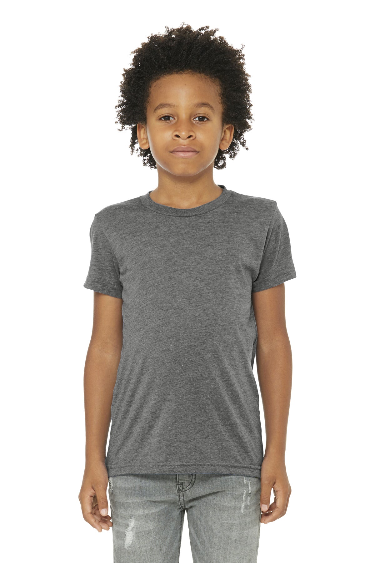 Front View of Grey TB BELLA+CANVAS Youth Triblend Short Sleeve Tee. BC3413Y