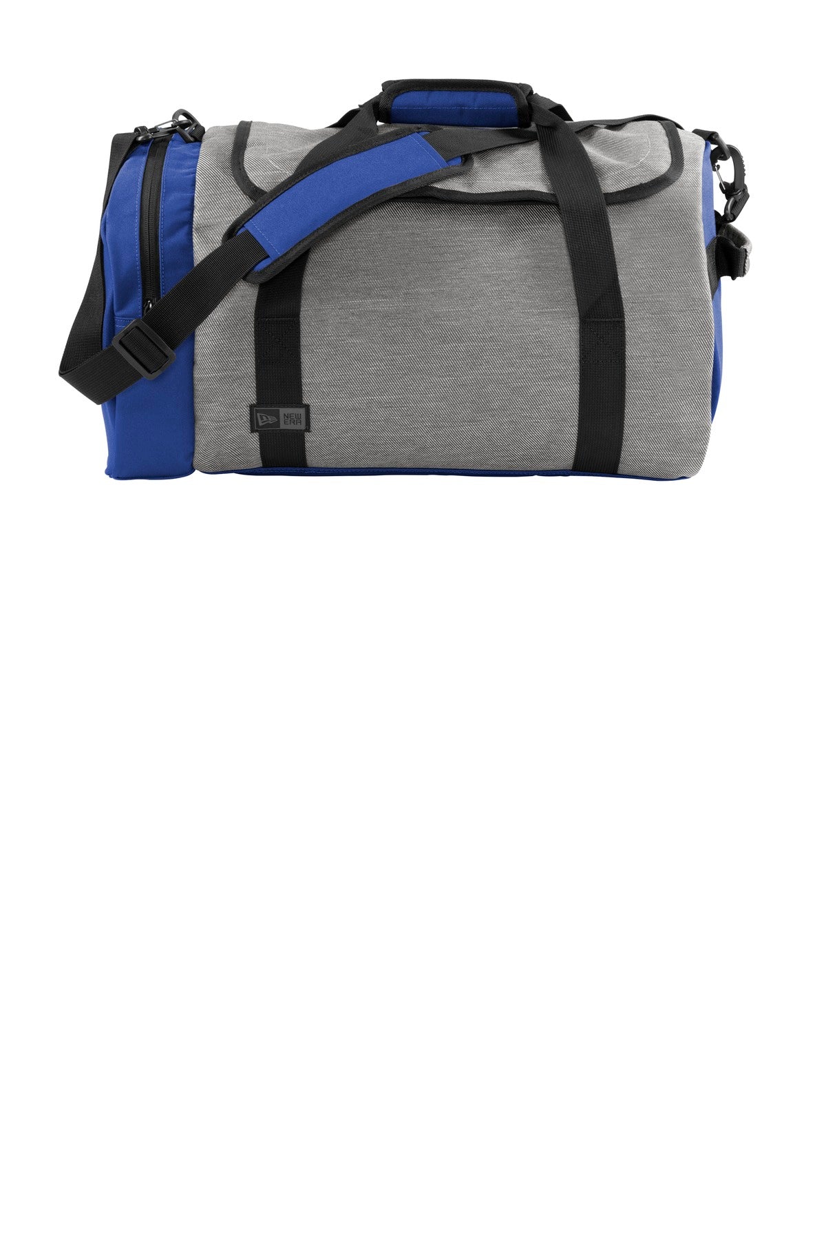 Front View of Grey Tw He/Roy New Era Legacy Duffel. NEB800