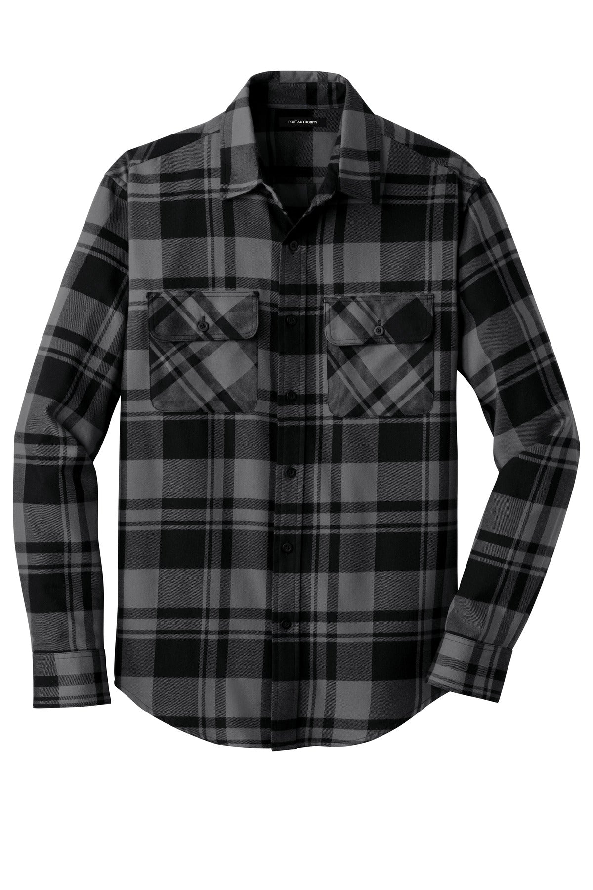 Front View of Grey/Black Port Authority Plaid Flannel Shirt. W668