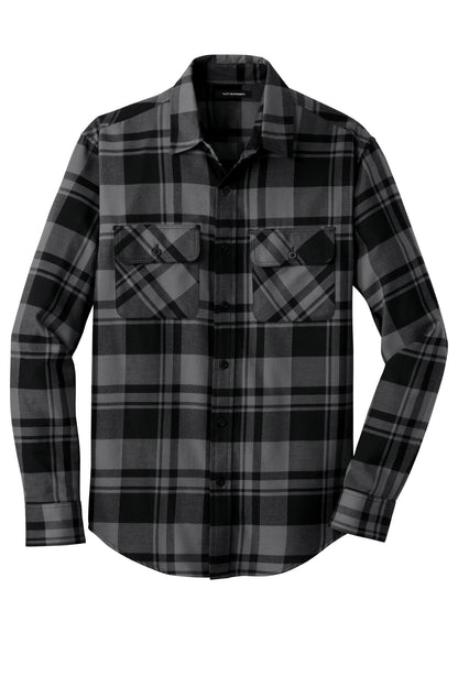 Front View of Grey/Black Port Authority Plaid Flannel Shirt. W668