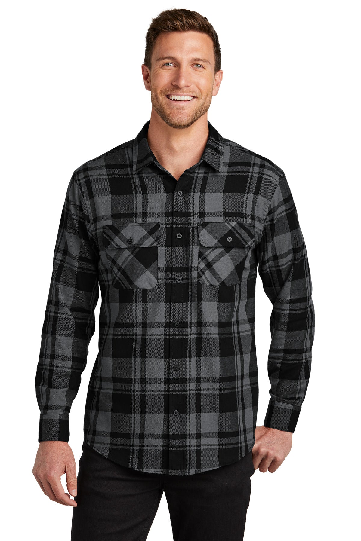 Front View of Grey/Black Port Authority Plaid Flannel Shirt. W668