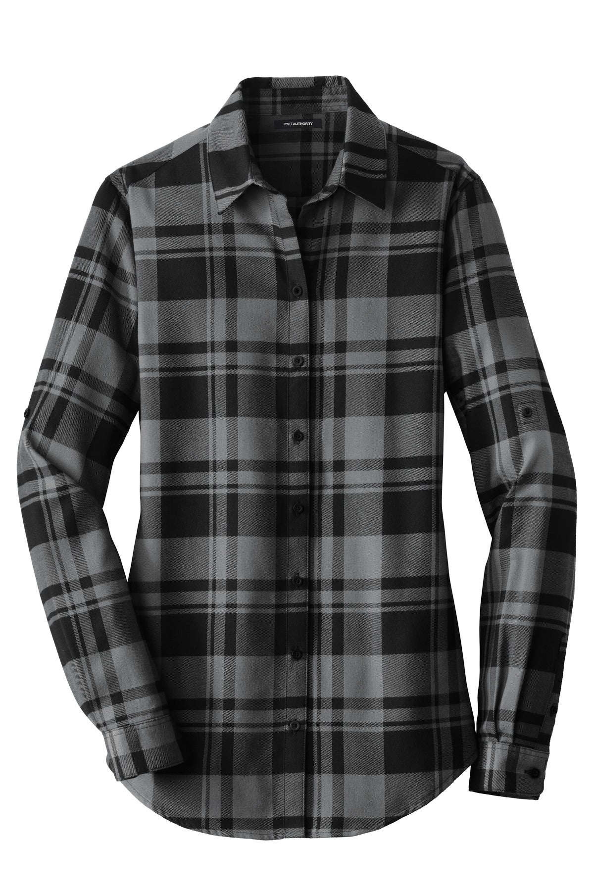 Front View of Grey/Black Port Authority Women's Plaid Flannel Tunic . LW668