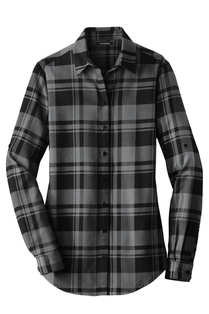 Front View of Grey/Black Port Authority Women's Plaid Flannel Tunic . LW668