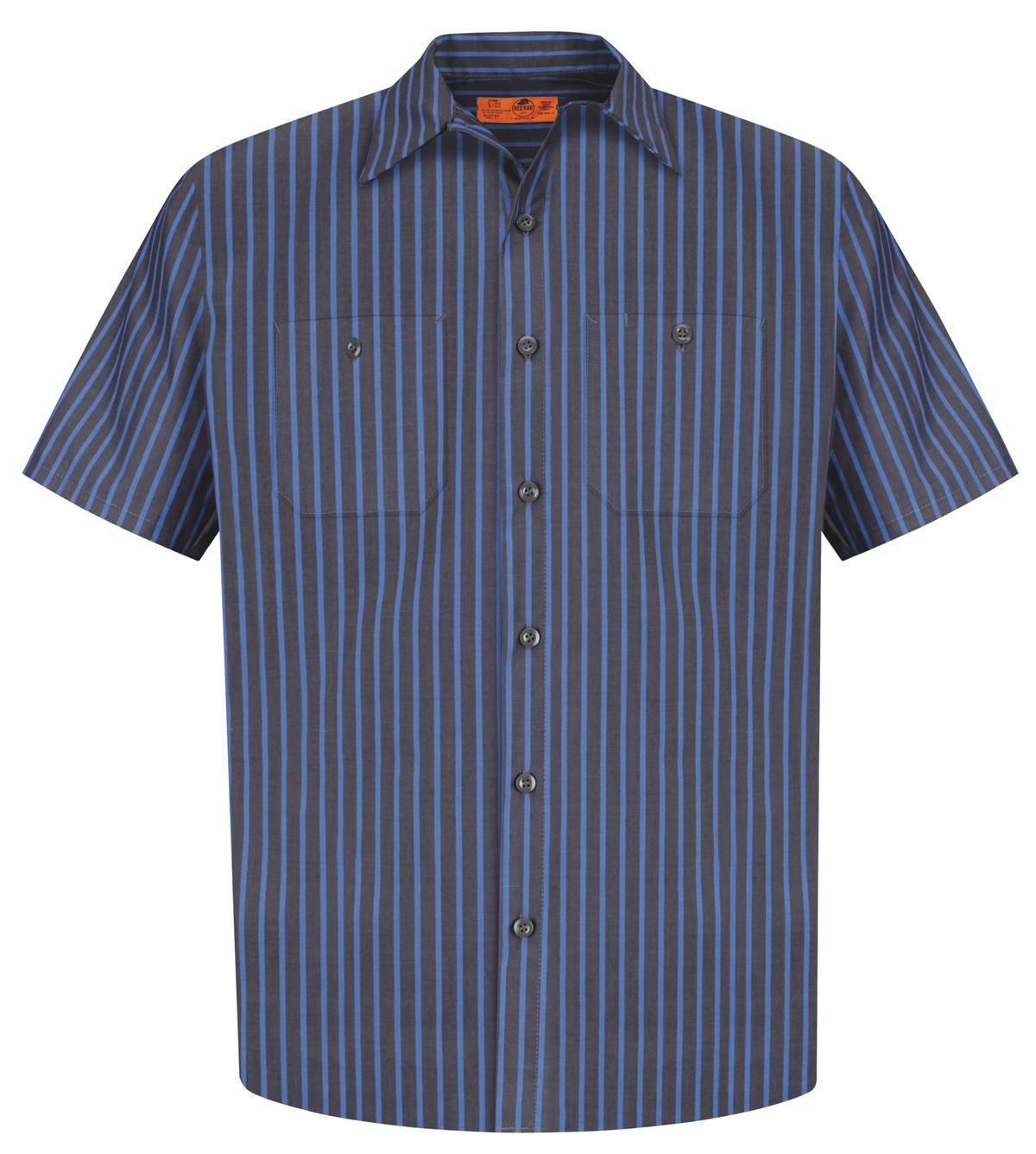 Front View of Grey/Blue Red Kap Short Sleeve Striped Industrial Work Shirt. CS20