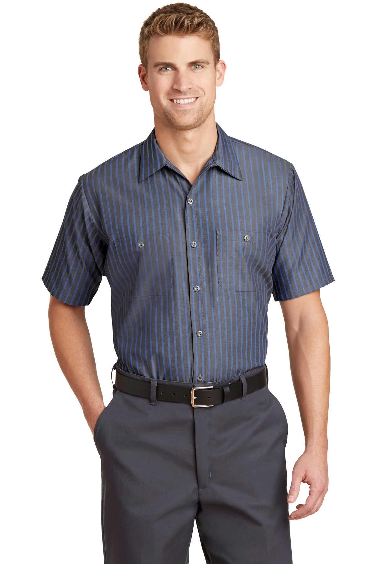 Front View of Grey/Blue Red Kap Short Sleeve Striped Industrial Work Shirt. CS20