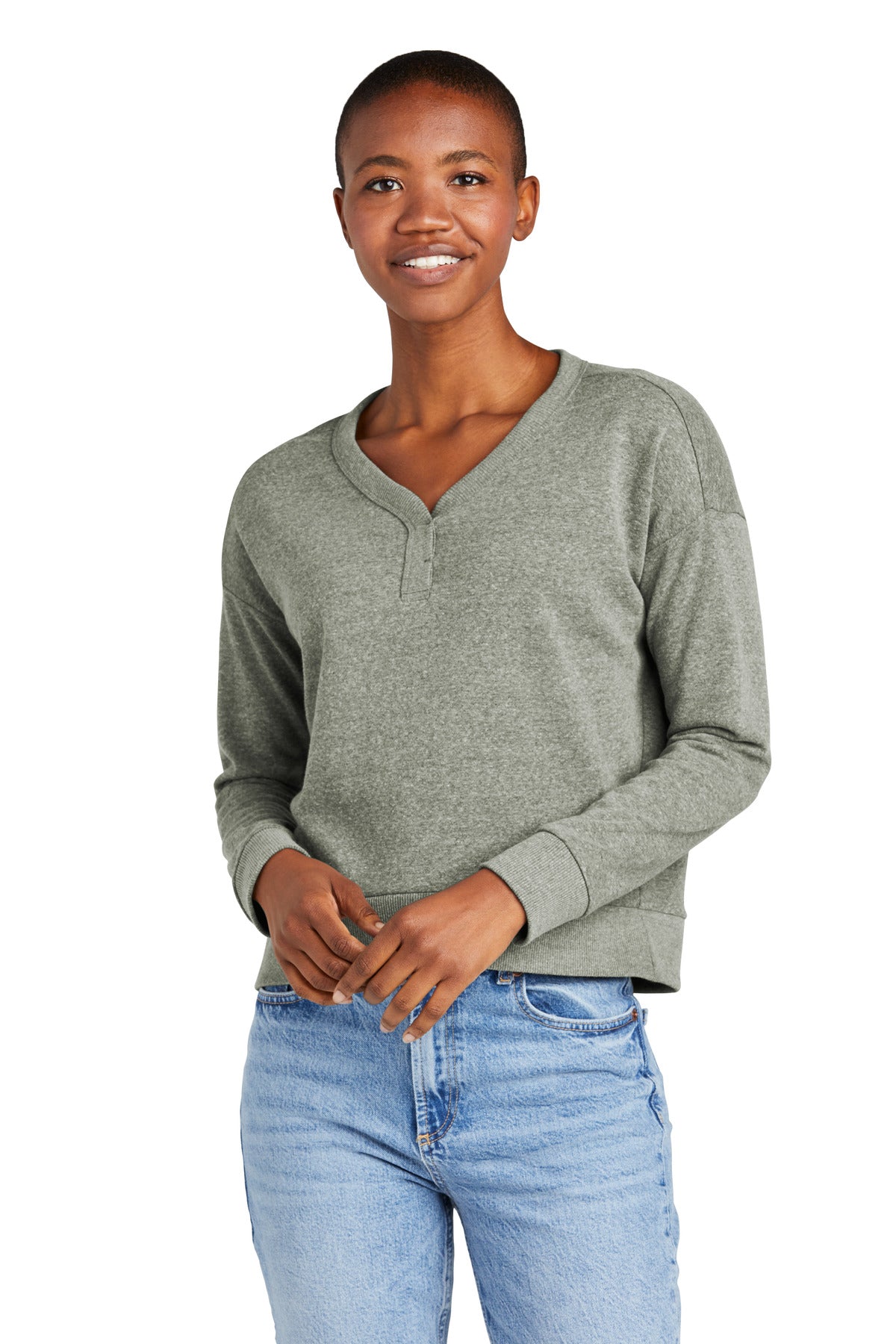 Front View of GreyFrost District Women's Perfect Tri Fleece V-Neck Sweatshirt DT1312