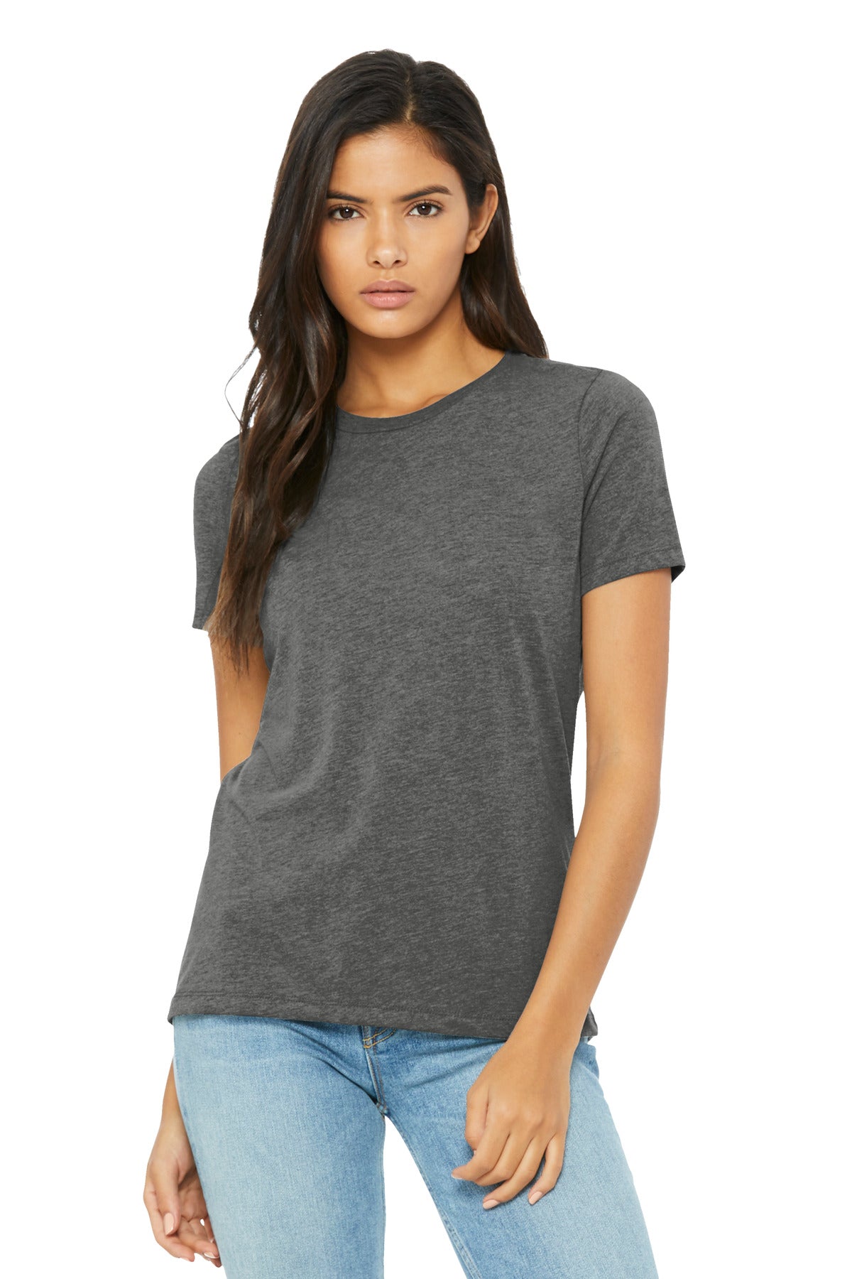 Front View of GreyTB BELLA+CANVAS Women's Relaxed Triblend Tee BC6413