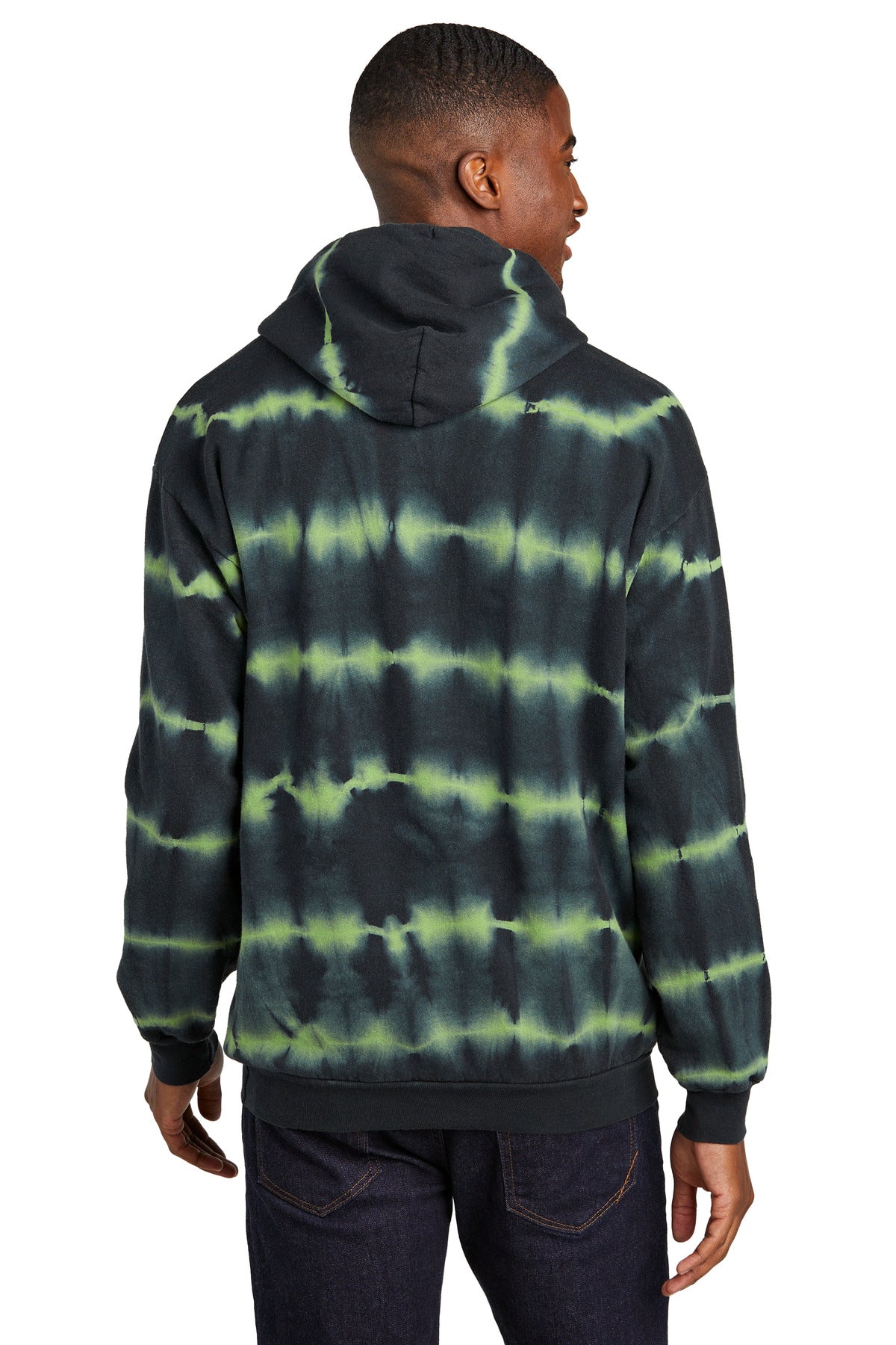 Front View of GrnTea/Blk Port & Company Allover Stripe Tie-Dye Fleece PC143