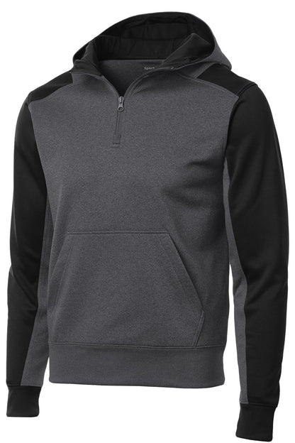 Front View of Grph Hea/Black Sport-Tek Tech Fleece Colorblock 1/4-Zip Hooded Sweatshirt. ST249