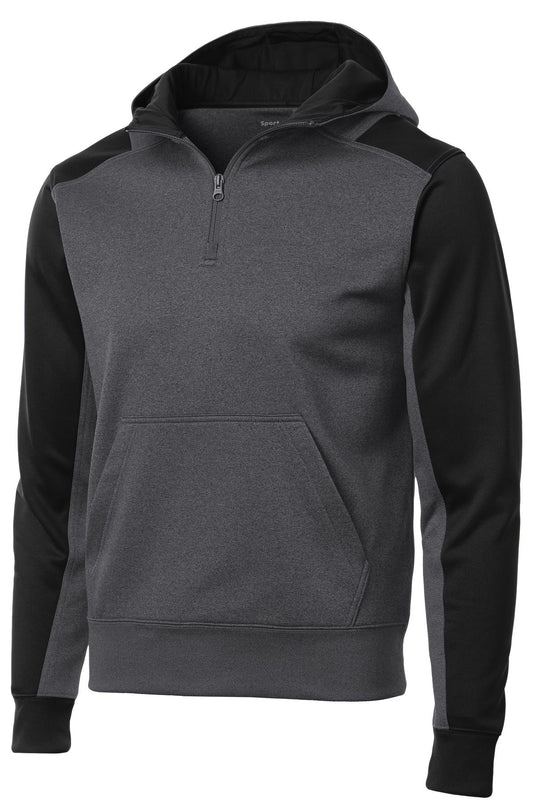 Front View of Grph Hea/Black Sport-Tek Tech Fleece Colorblock 1/4-Zip Hooded Sweatshirt. ST249