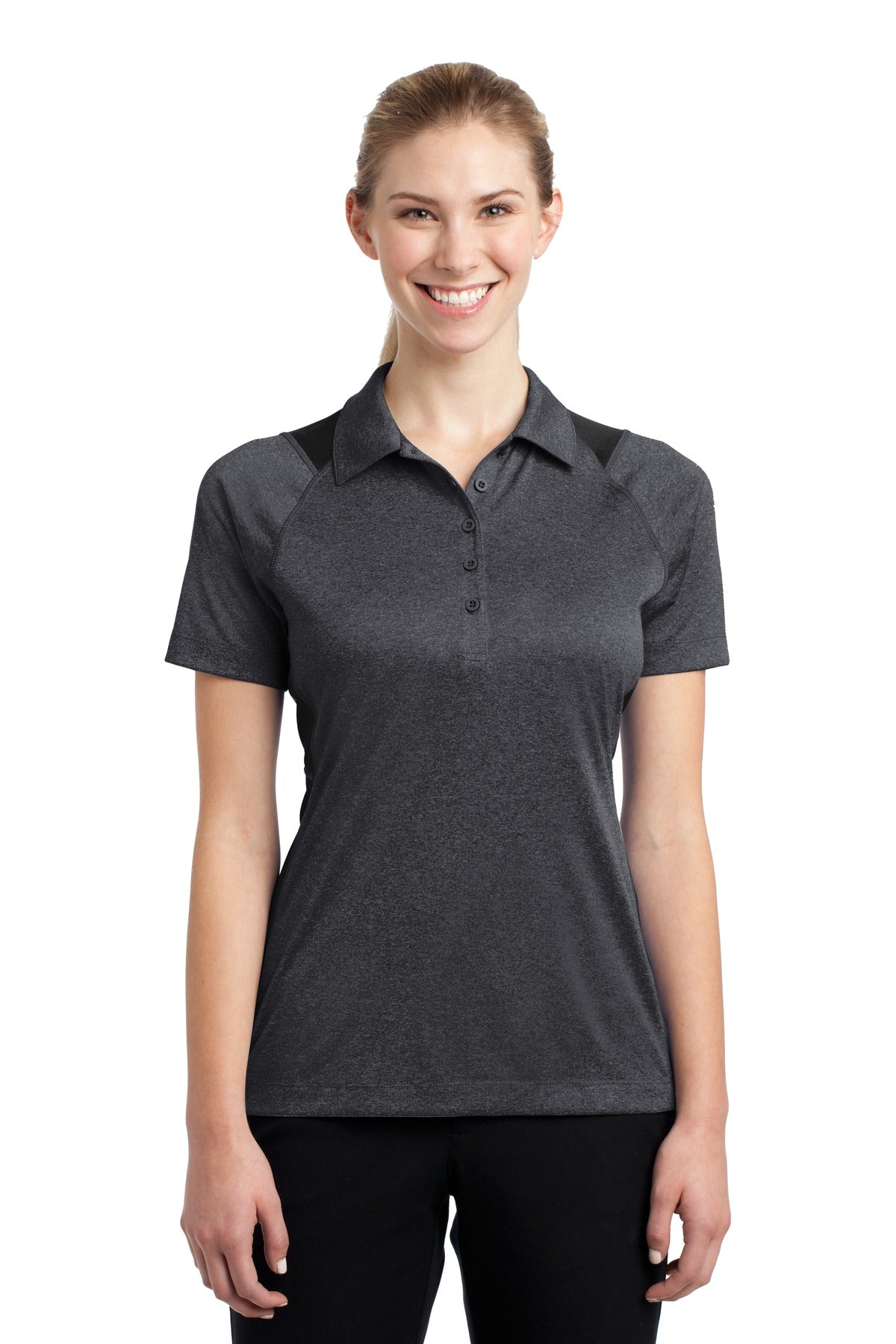 Front View of Grph He/Black Sport-Tek Women's Heather Colorblock Contender Polo. LST665