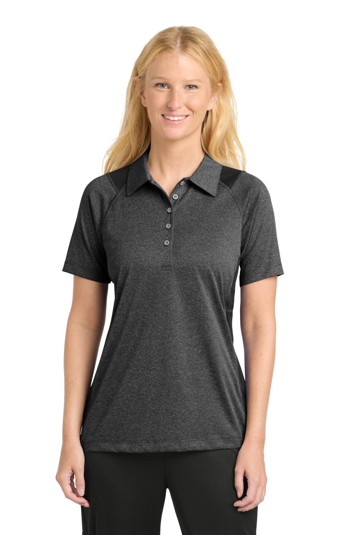 Front View of Grph He/Black Sport-Tek Women's Heather Colorblock Contender Polo. LST665