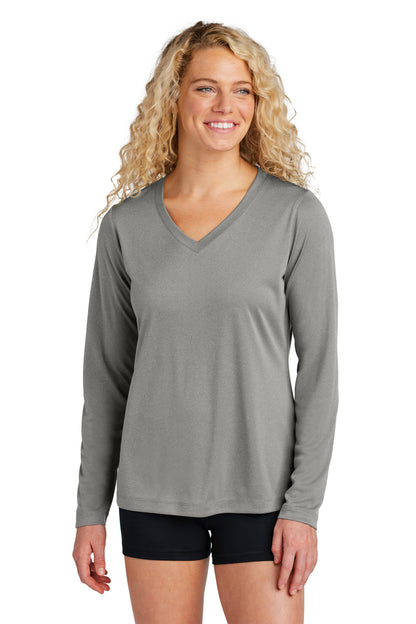 Front View of GryConHthr Sport-Tek Women's Long Sleeve PosiCharge Competitor V-Neck Tee. LST353LS
