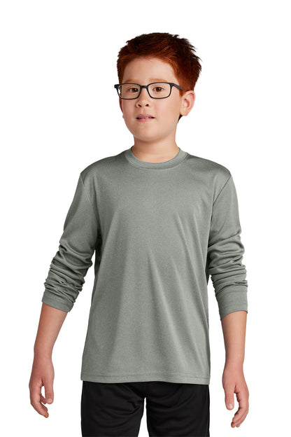 Front View of GryConHthr Sport-Tek Youth Long Sleeve PosiCharge Competitor Tee. YST350LS