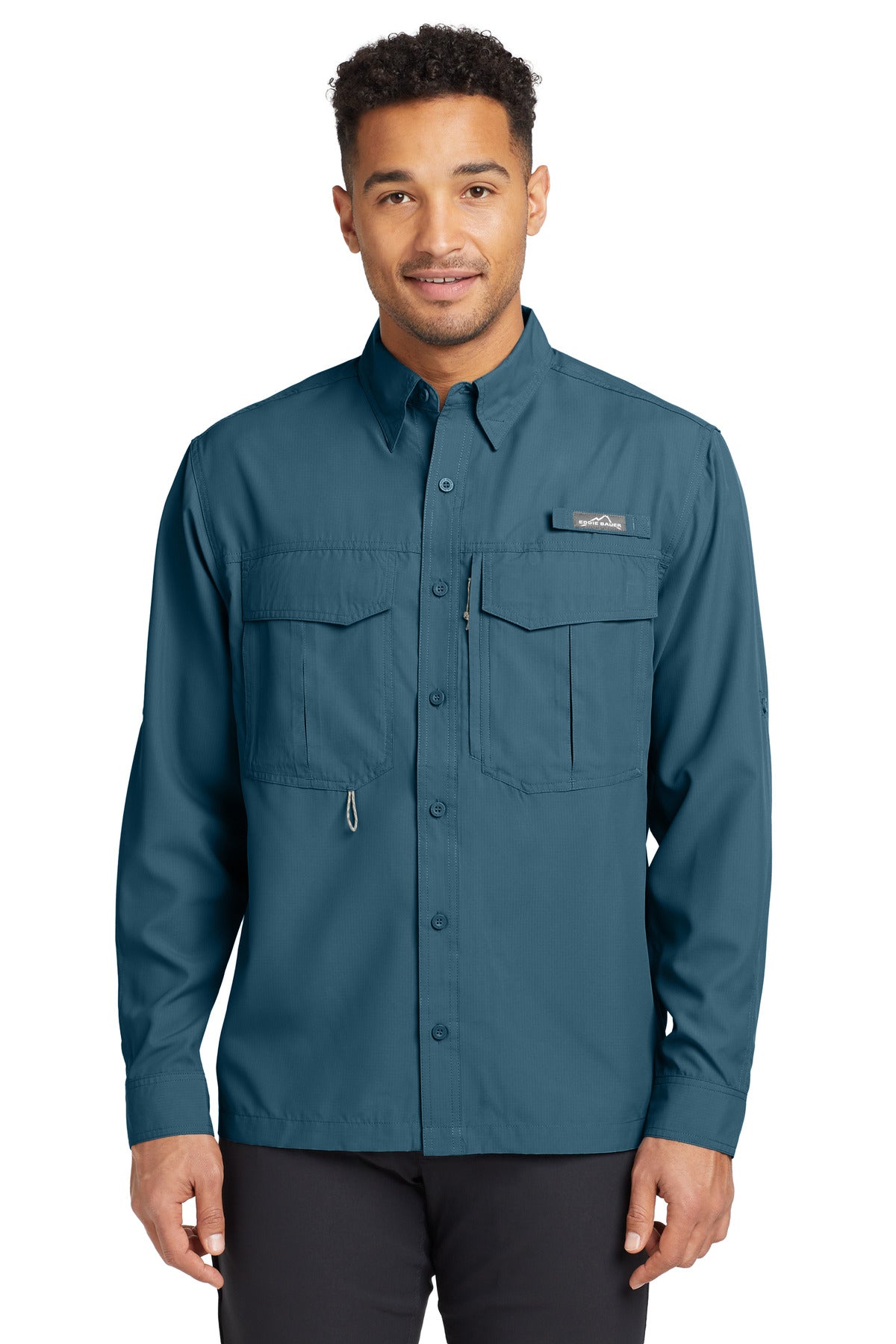 Front View of Gulf Teal Eddie Bauer - Long Sleeve Performance Fishing Shirt. EB600