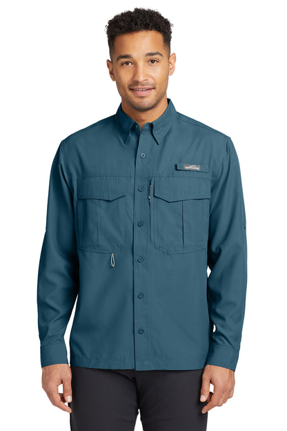 Front View of Gulf Teal Eddie Bauer - Long Sleeve Performance Fishing Shirt. EB600