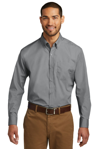 Front View of Gusty Grey Port Authority Long Sleeve Carefree Poplin Shirt. W100