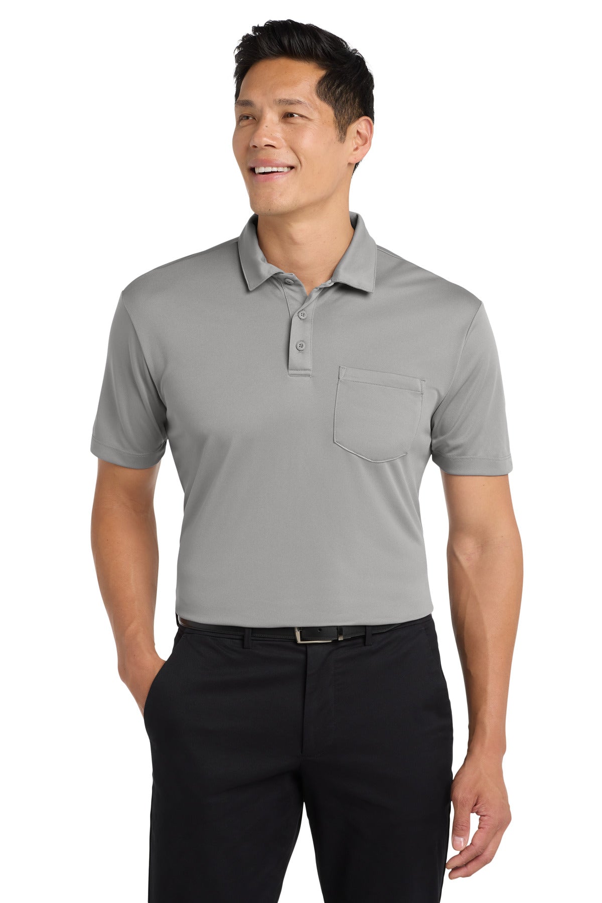 Front View of Gusty Grey Port Authority Silk Touch Performance Pocket Polo. K540P