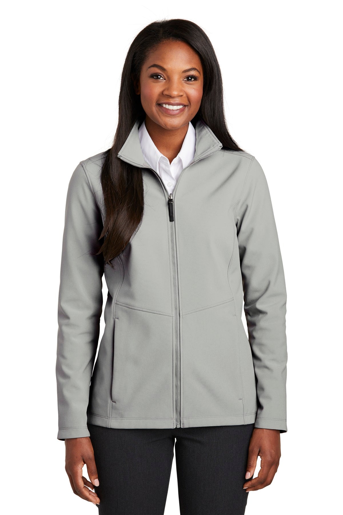Front View of Gusty Grey Port Authority Women's Collective Soft Shell Jacket. L901