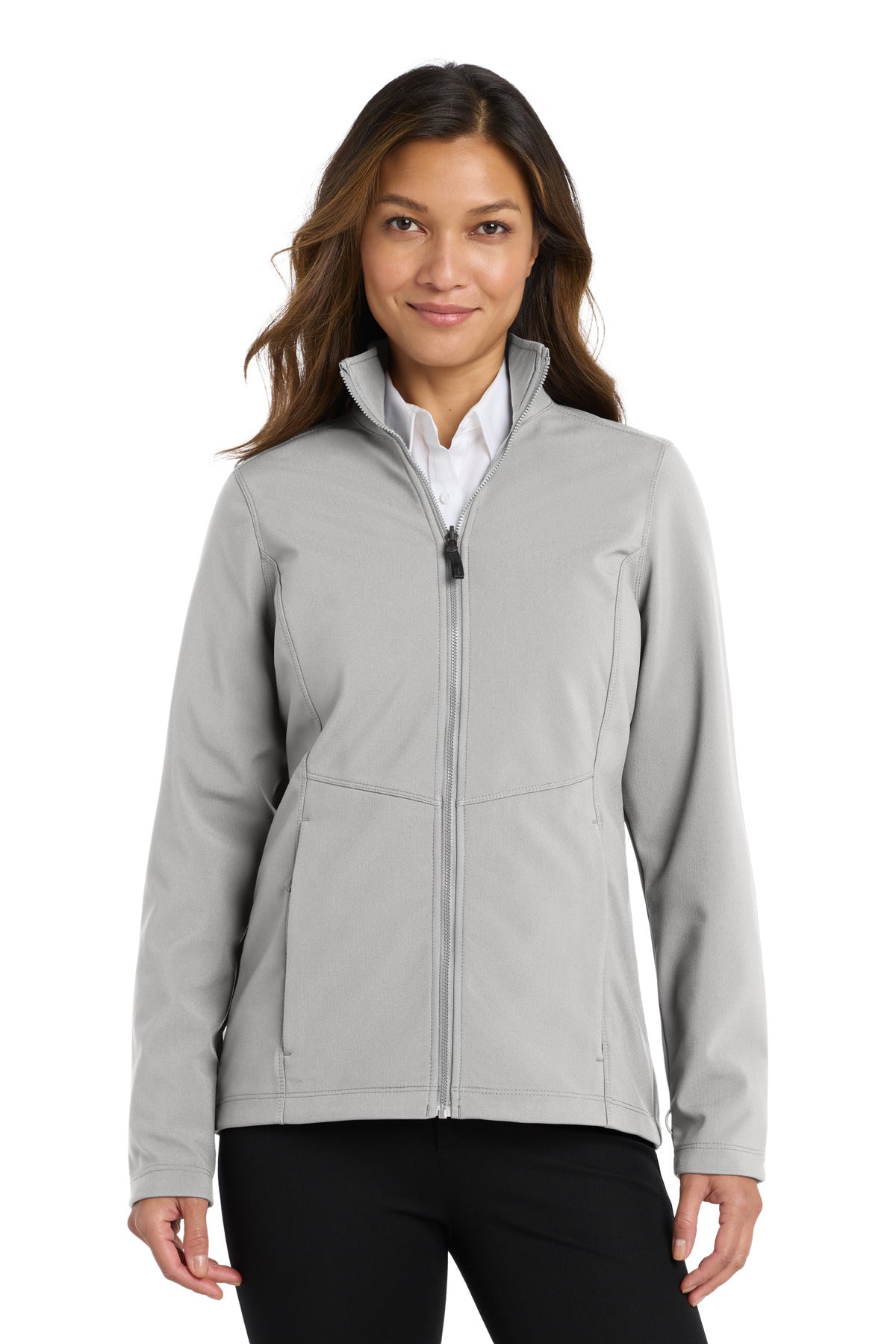 Front View of Gusty Grey Port Authority Women's Collective Soft Shell Jacket. L901