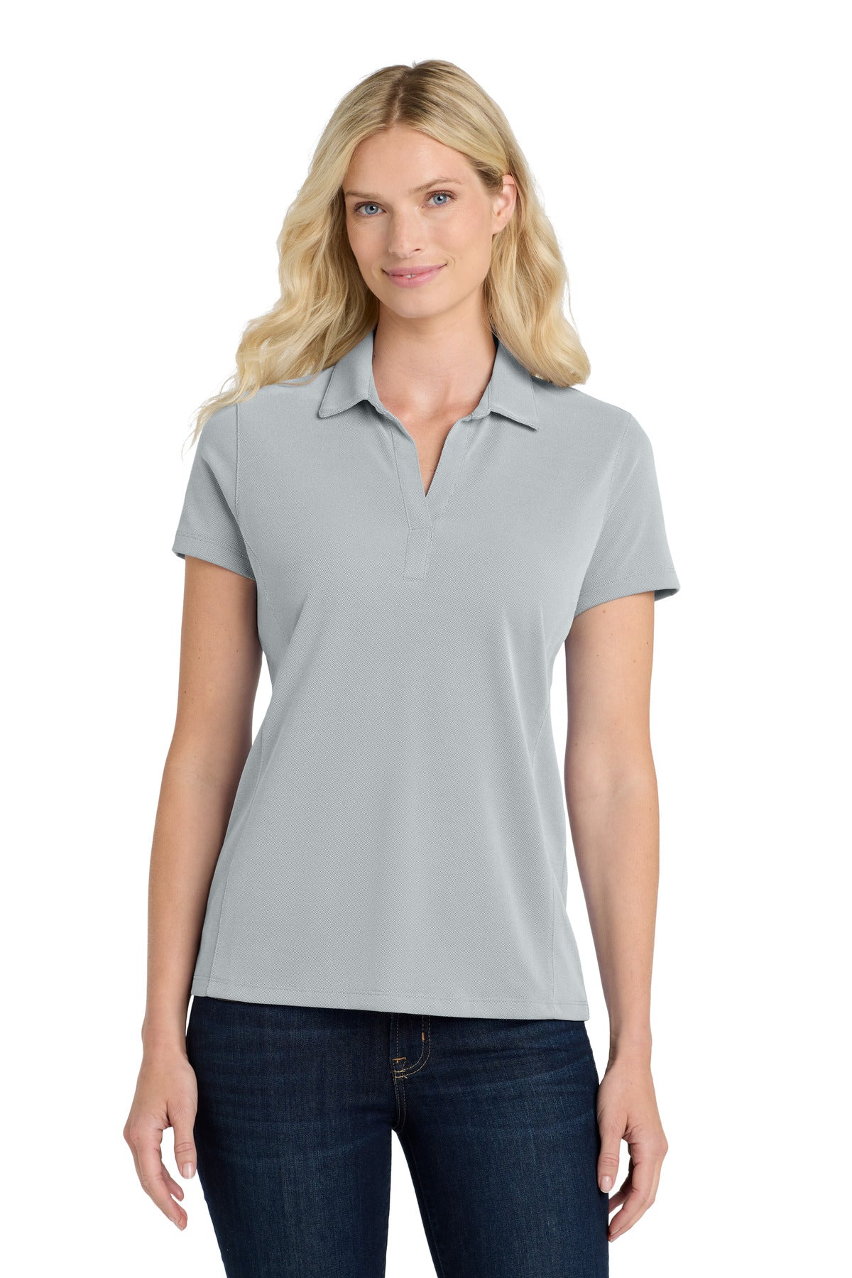 Front View of Gusty Grey Port Authority Women's Poly Oxford Pique Polo. LK582