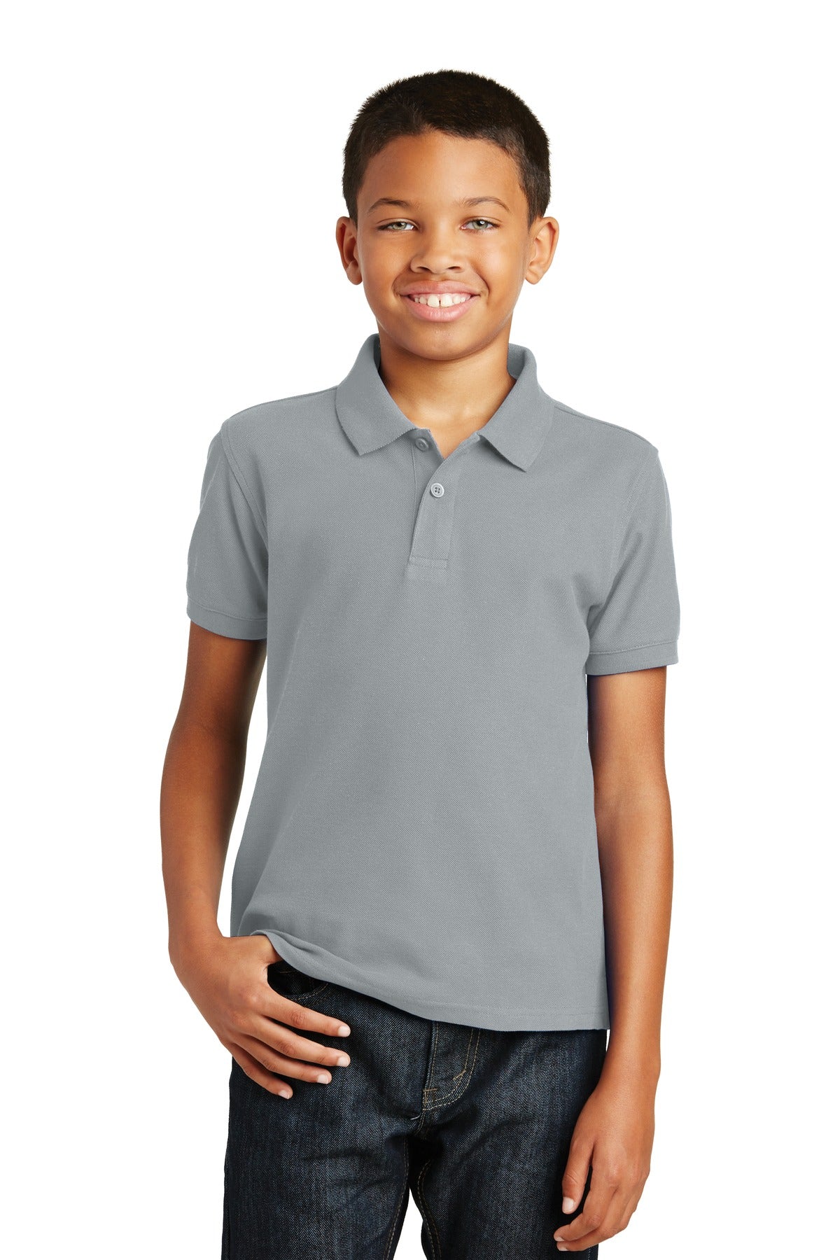Front View of Gusty Grey Port Authority Youth Core Classic Pique Polo. Y100