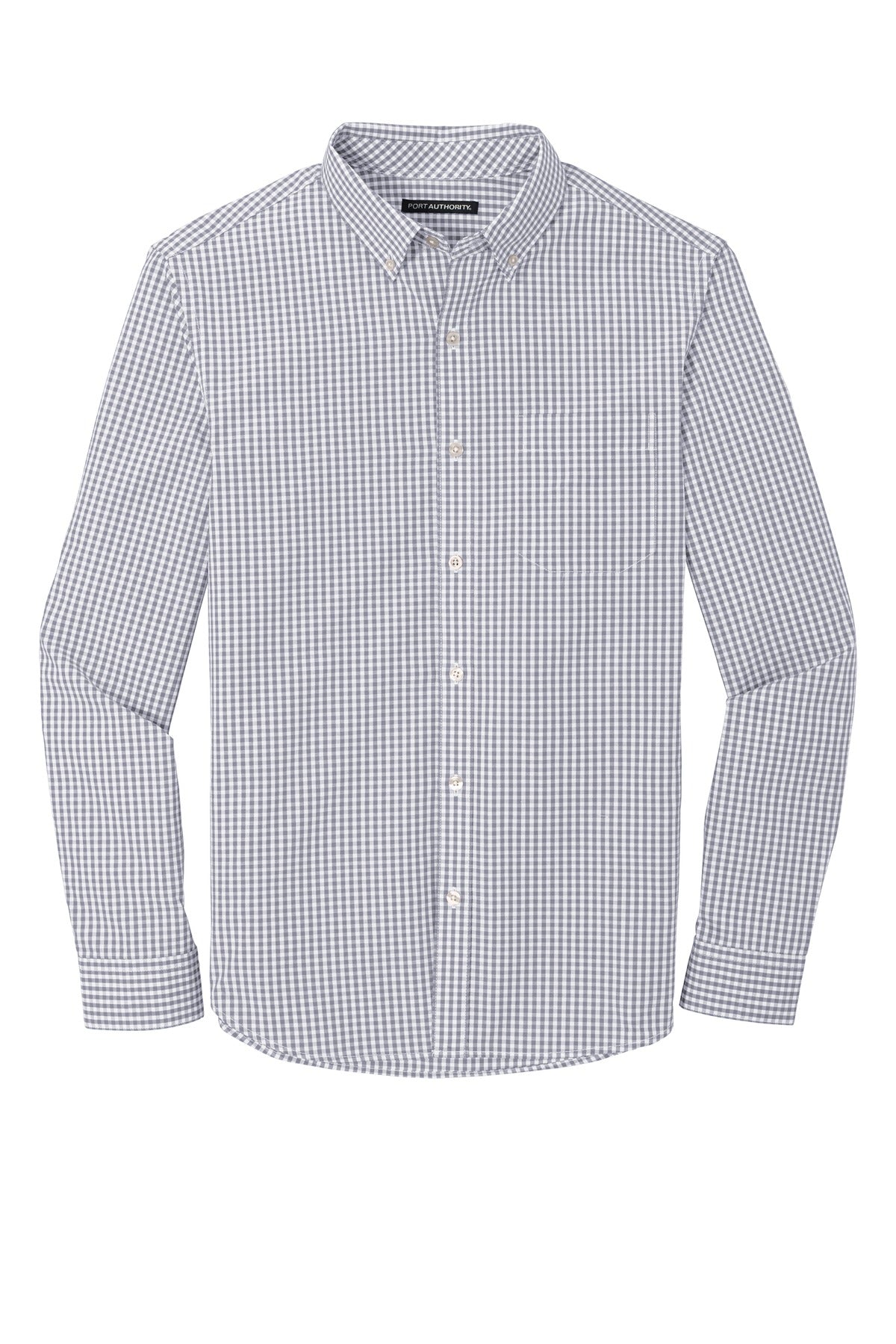 Front View of Gusty Grey/Wht Port Authority Broadcloth Gingham Easy Care Shirt W644