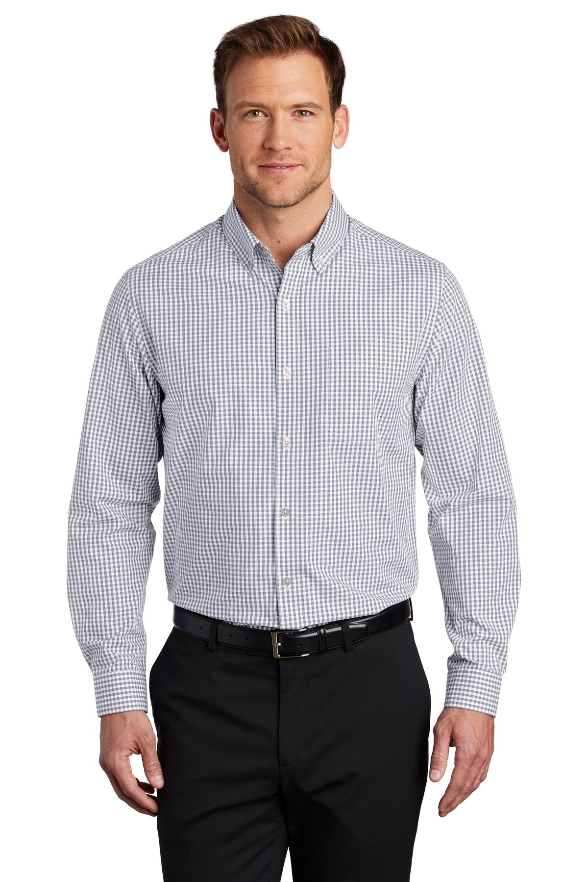 Front View of Gusty Grey/Wht Port Authority Broadcloth Gingham Easy Care Shirt W644