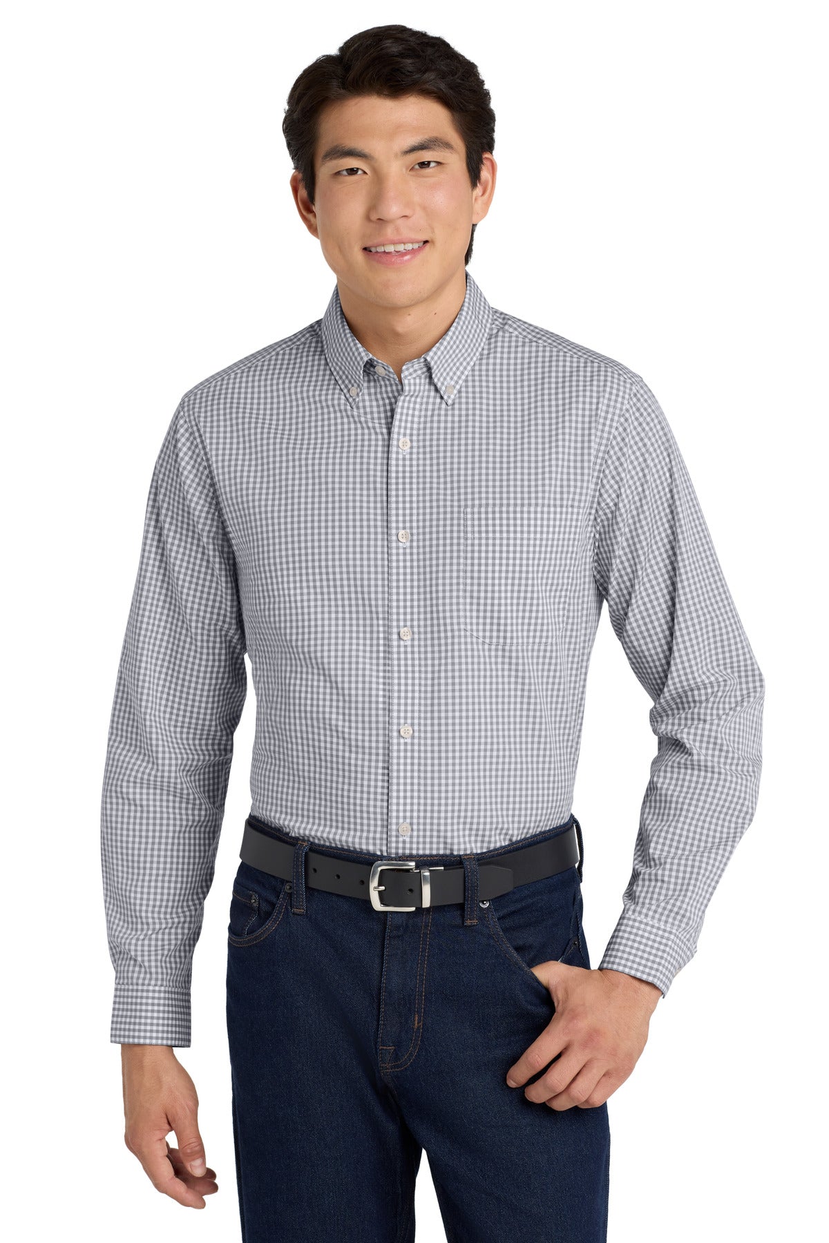 Front View of Gusty Grey/Wht Port Authority Broadcloth Gingham Easy Care Shirt W644