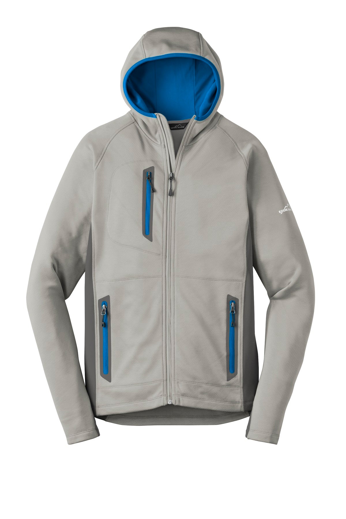 Front View of Gy Cld/GS/ExBl Eddie Bauer Sport Hooded Full-Zip Fleece Jacket. EB244