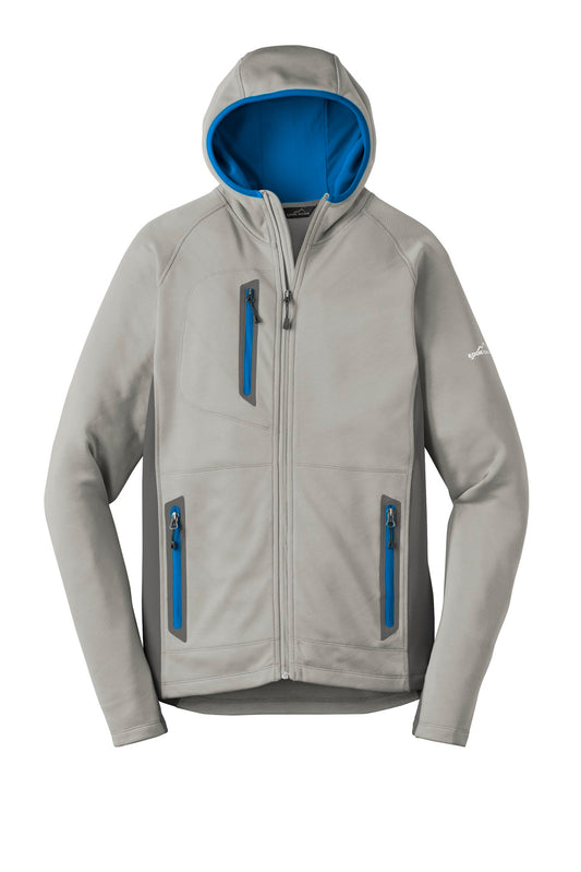 Front View of Gy Cld/GS/ExBl Eddie Bauer Sport Hooded Full-Zip Fleece Jacket. EB244