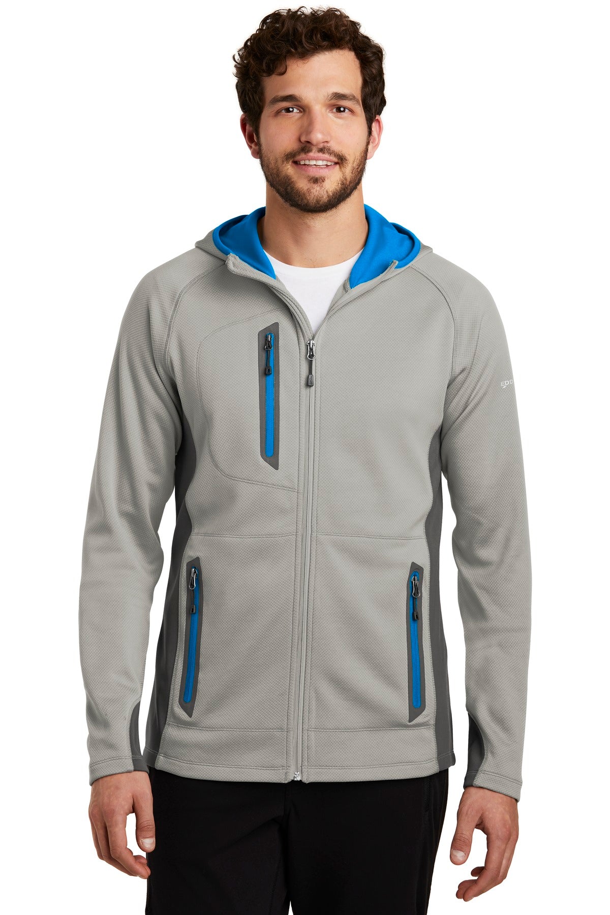 Front View of Gy Cld/GS/ExBl Eddie Bauer Sport Hooded Full-Zip Fleece Jacket. EB244