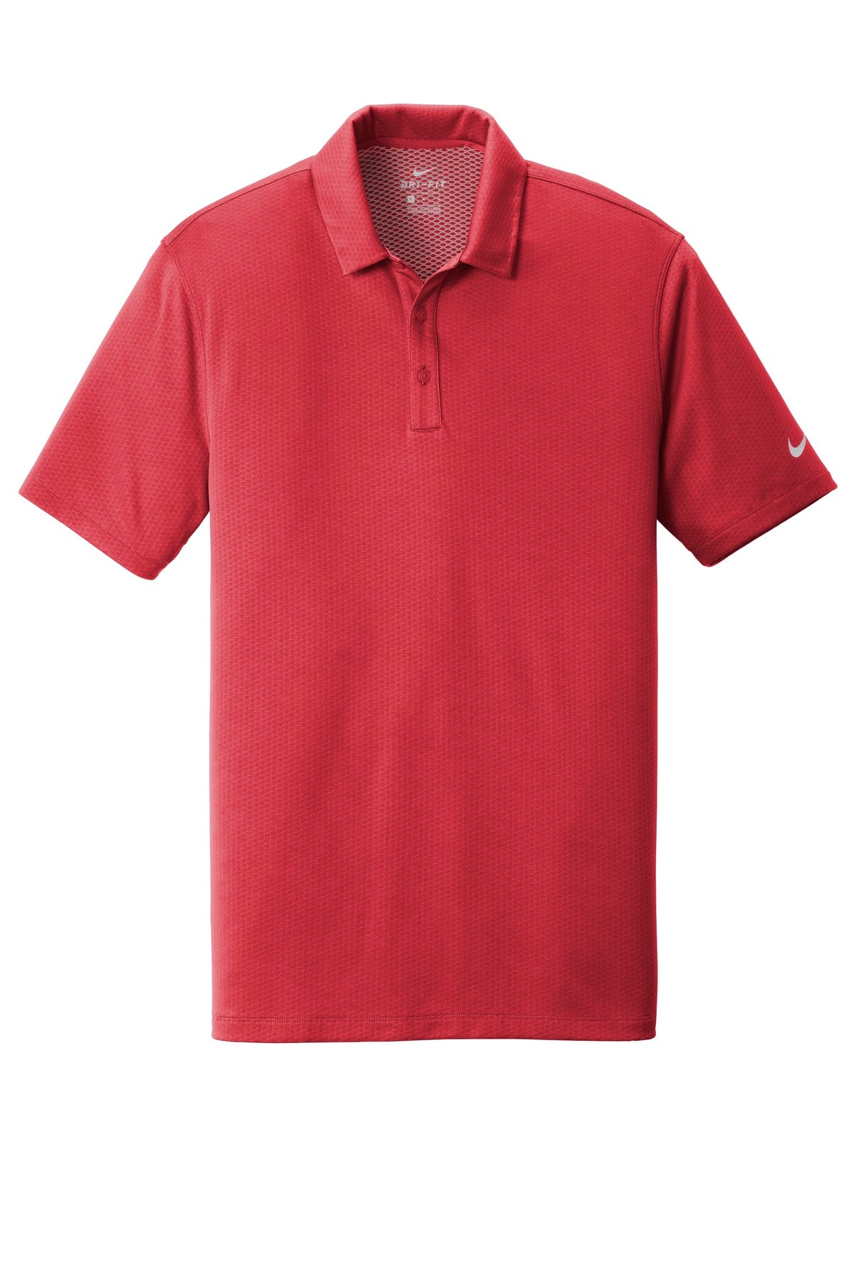 Front View of Gym Red Nike Dri-FIT Hex Textured Polo. NKAH6266
