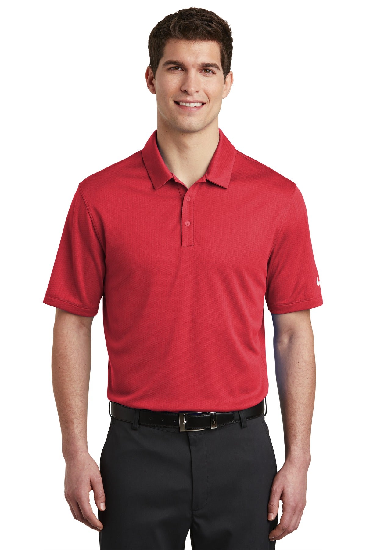 Front View of Gym Red Nike Dri-FIT Hex Textured Polo. NKAH6266