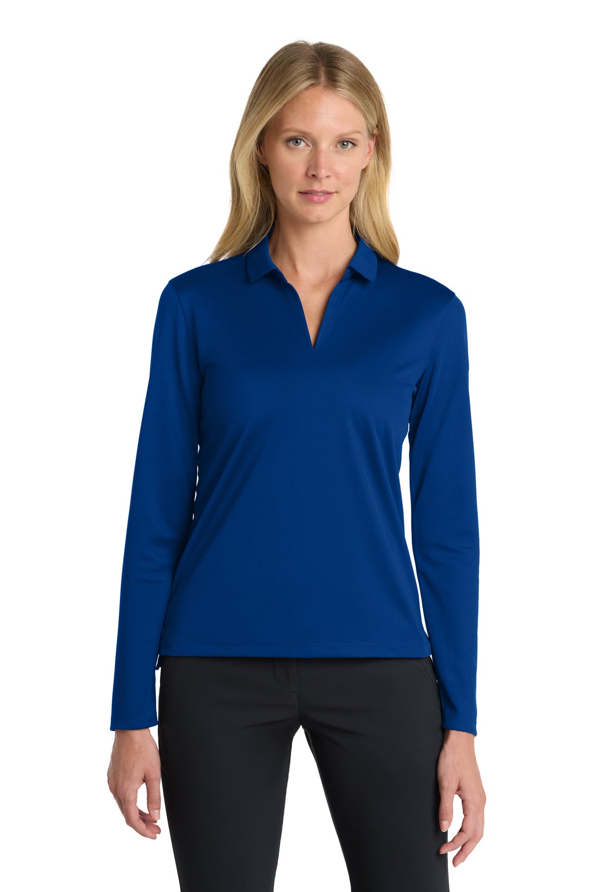 Front View of GymBlue Nike Women's Dri-FIT Micro Pique 2.0 Long Sleeve Polo NKDC2105