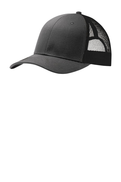 Front View of GyStl/Blk Port Authority Snapback Trucker Cap. C112