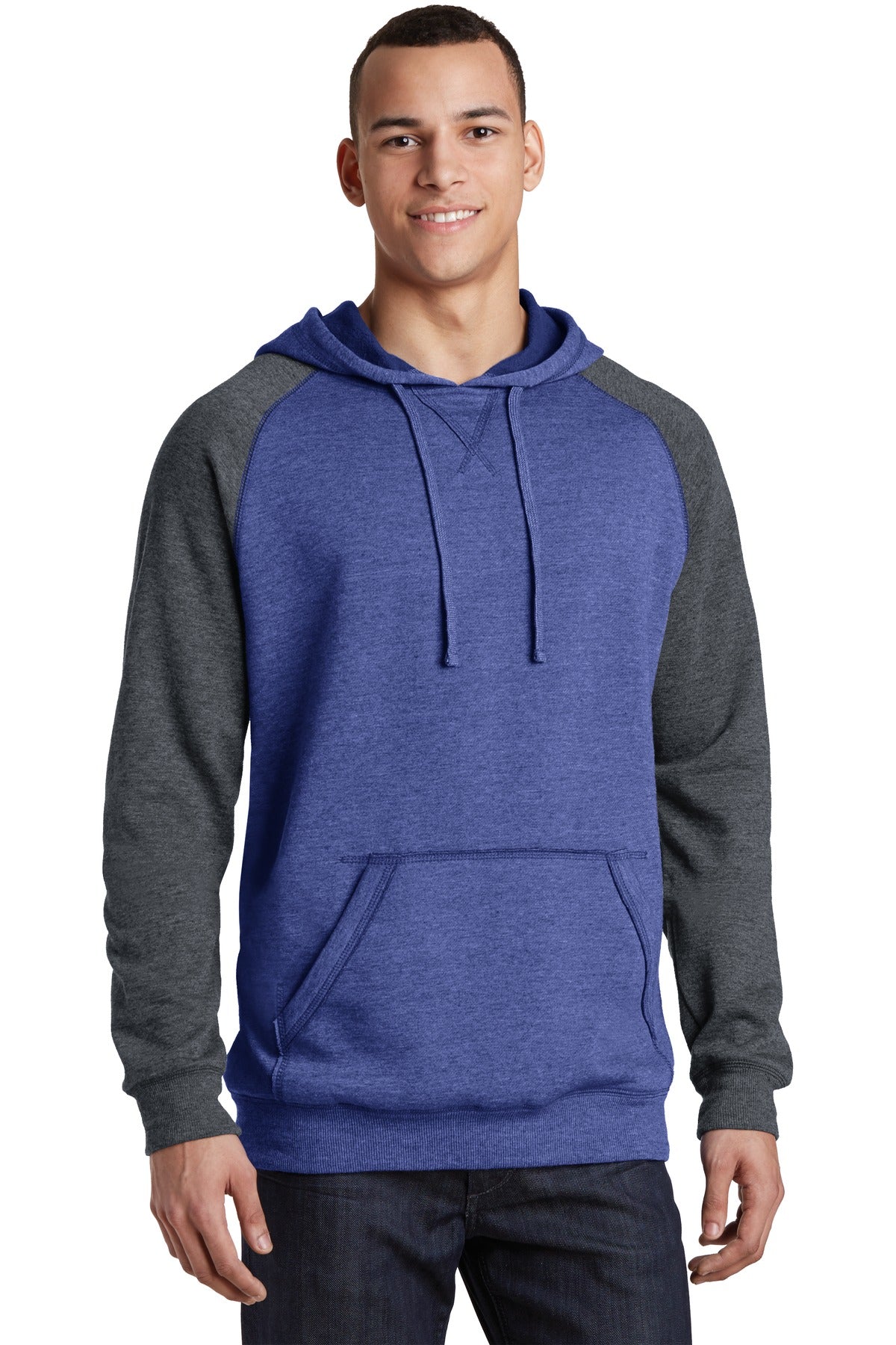 Front View of H Dp Ryl/H Cha District Young Mens Lightweight Fleece Raglan Hoodie. DT196